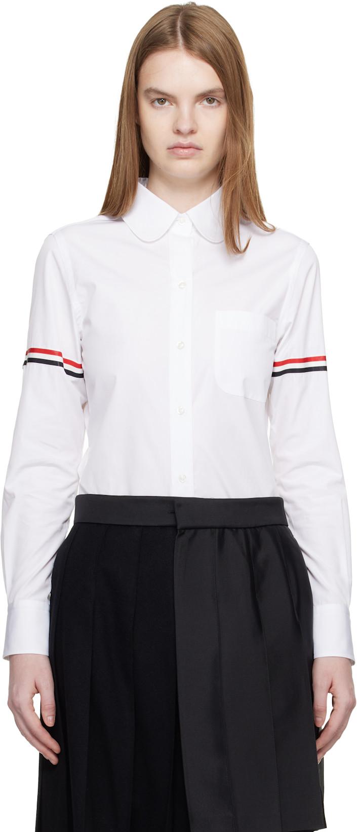 White Poplin Armbands Classic Round Collar Shirt by THOM BROWNE