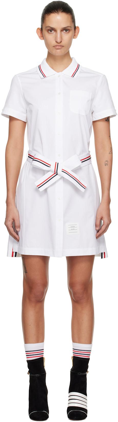 White Solid Poplin Bow Minidress by THOM BROWNE