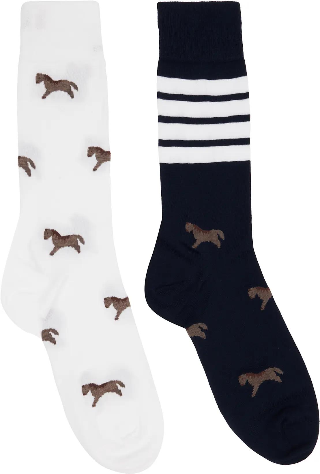 White & Navy Funmix Geese Jacuquard Mid Calf Socks by THOM BROWNE