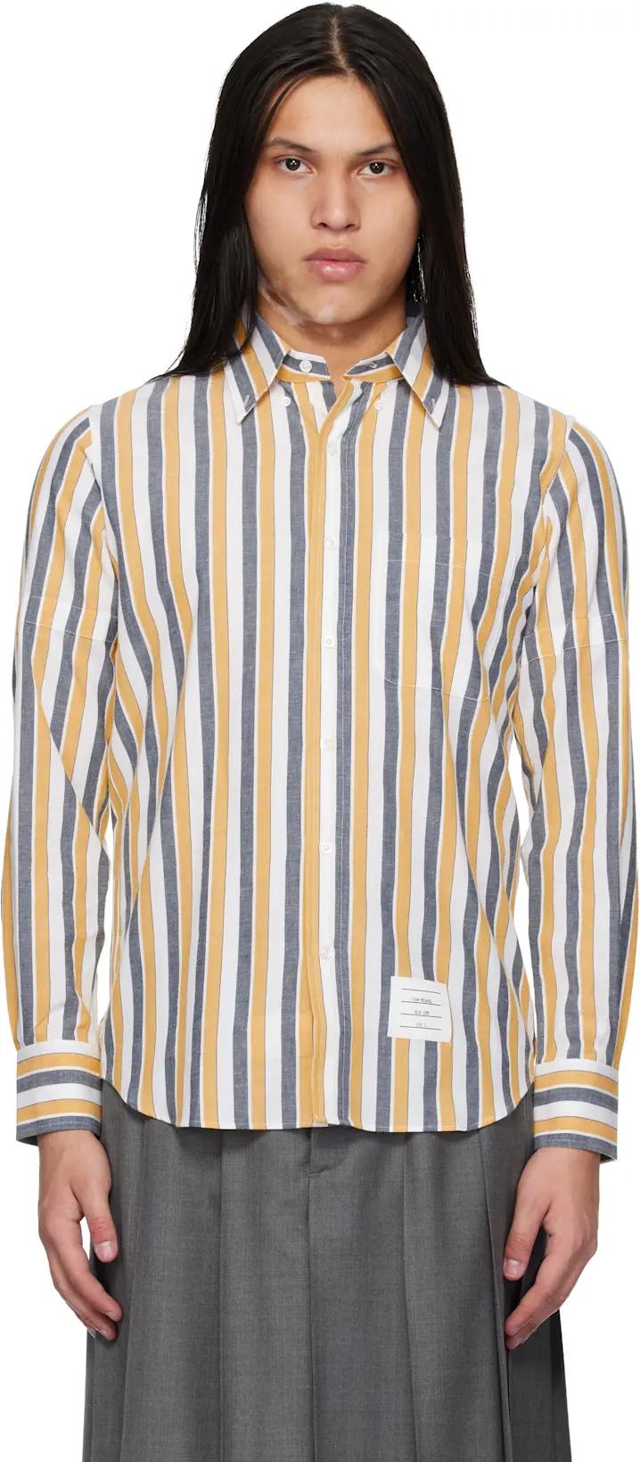 Yellow & Gray Madras Cotton Repp Stripe Armband Shirt by THOM BROWNE