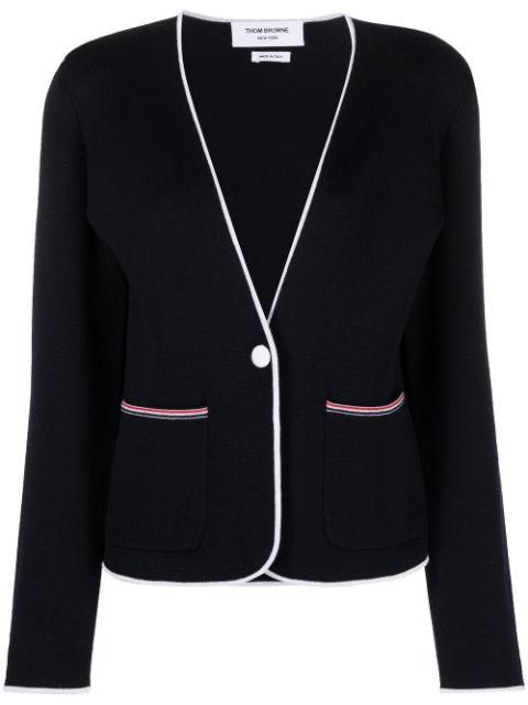 contrasting-trim collarless jacket by THOM BROWNE