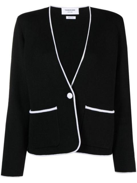 contrasting-trim collarless jacket by THOM BROWNE