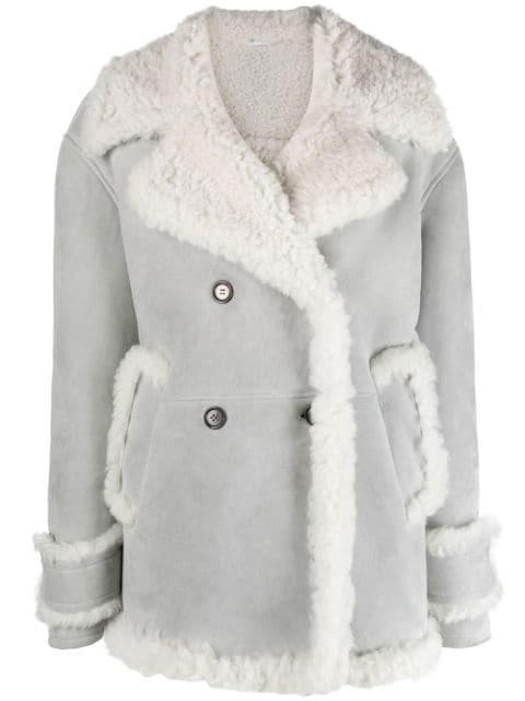 double-breasted shearling peacoat by THOM BROWNE