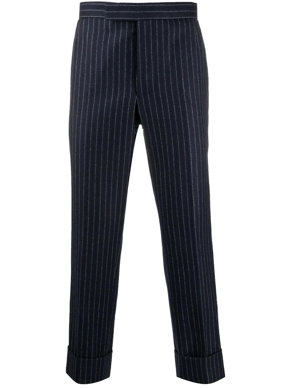 ground chalk-stripe flannel trousers by THOM BROWNE