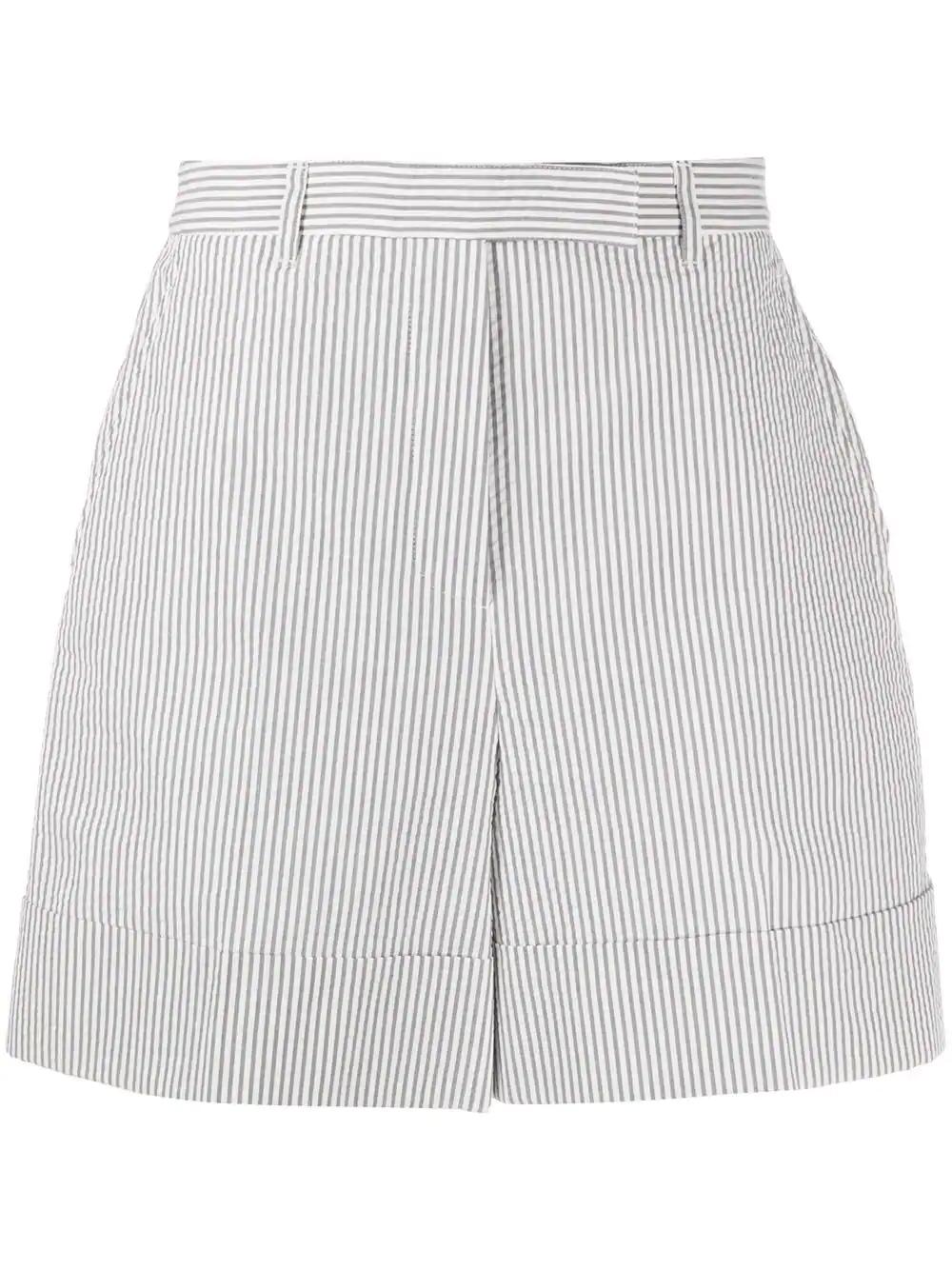 high-waist seersucker shorts by THOM BROWNE