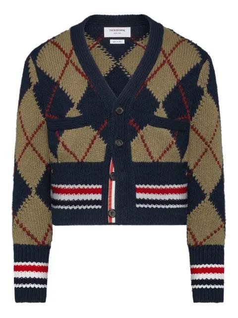 merino wool argyle intarsia V-neck cardigan by THOM BROWNE