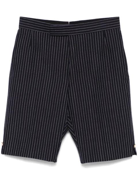 pinstripe high twist wool shorts by THOM BROWNE