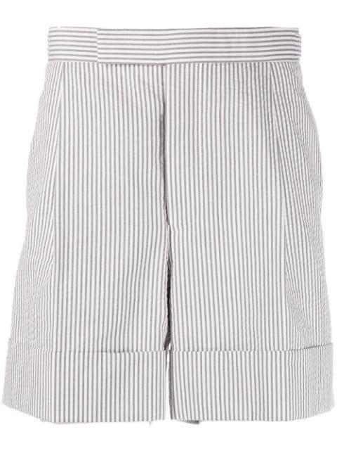 seersucker striped tailored shorts by THOM BROWNE