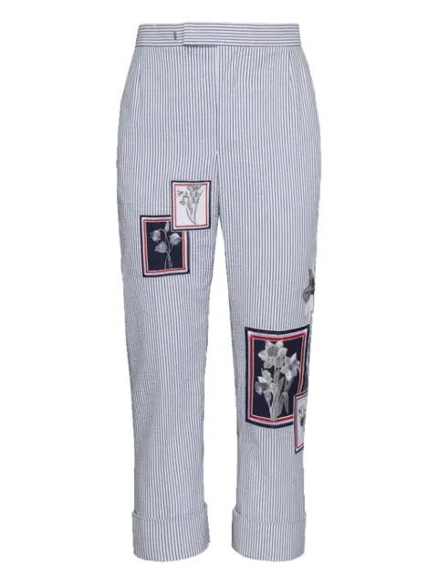 striped floral-patch pants by THOM BROWNE