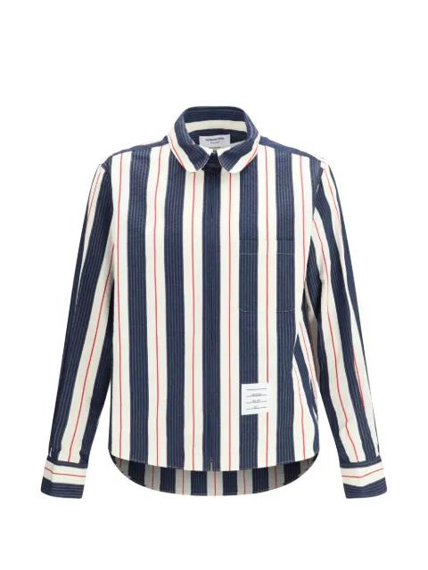 striped seersucker zip up shirt by THOM BROWNE