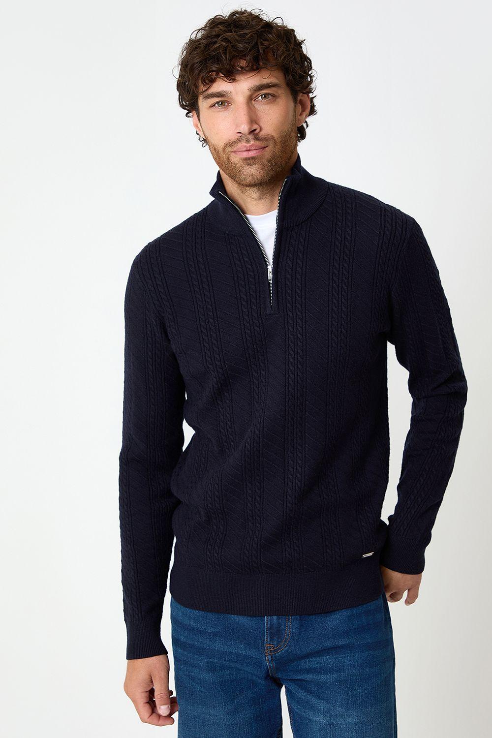 Cable Knit Quarter Zip Jumper by THREADBARE