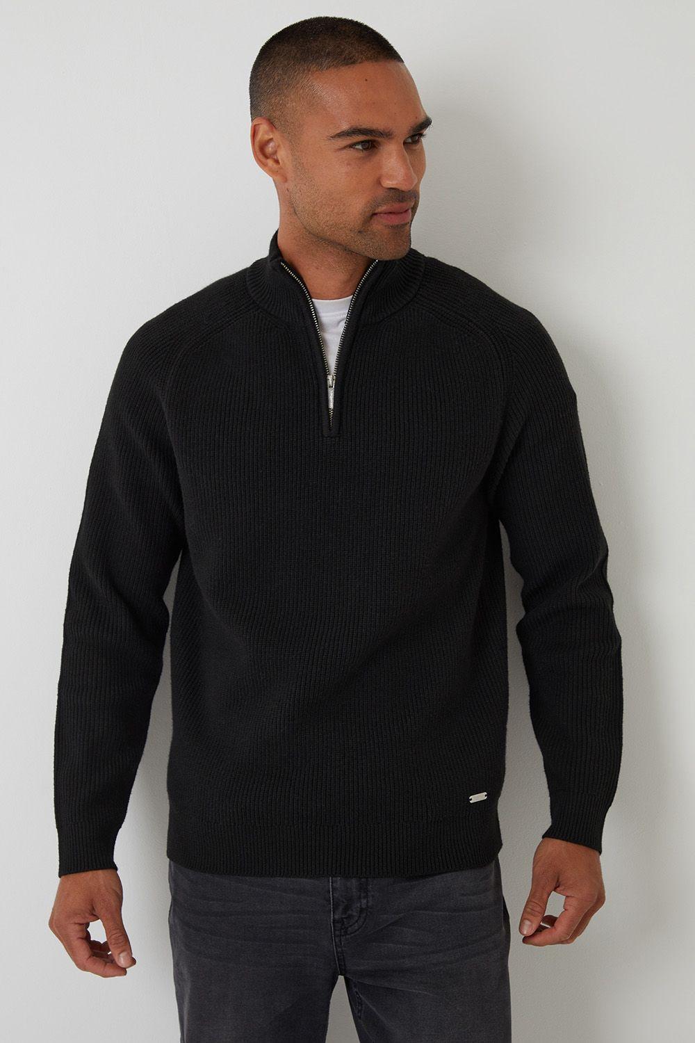 Cotton Blend Rib Panel Quarter Zip Knitted Jumper by THREADBARE