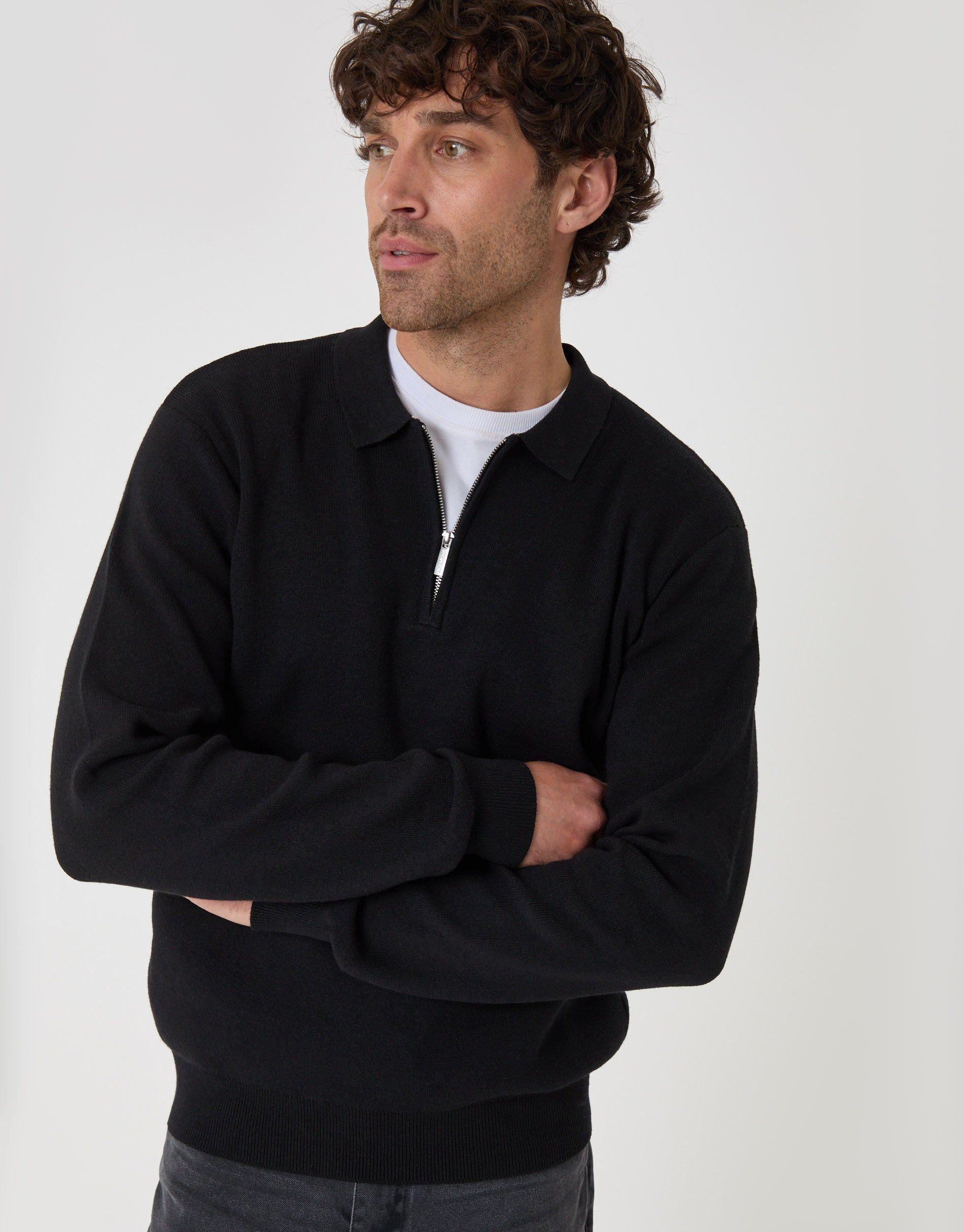 Cotton Rich Quarter Zip Long Sleeve Polo by THREADBARE