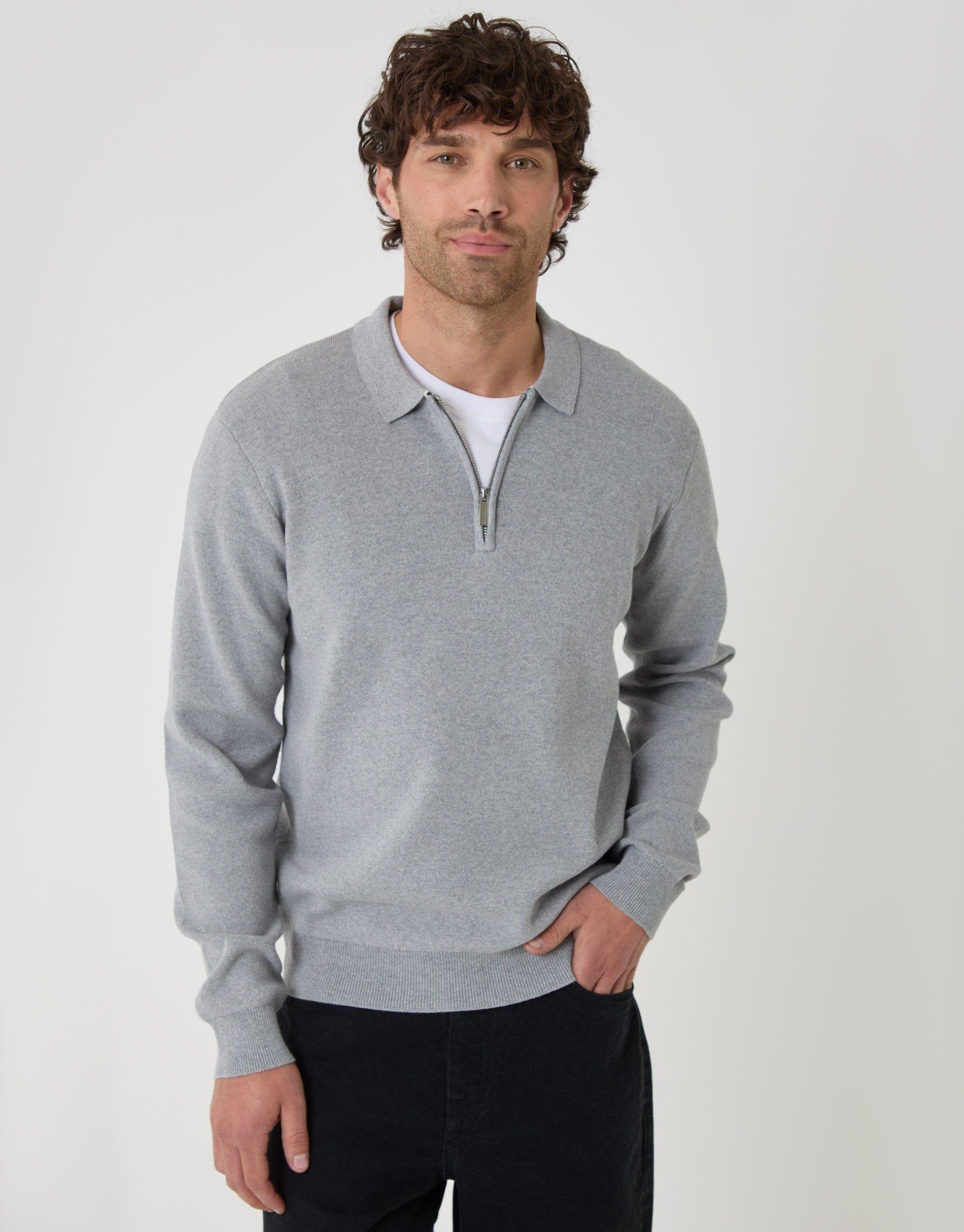 Cotton Rich Quarter Zip Long Sleeve Polo by THREADBARE