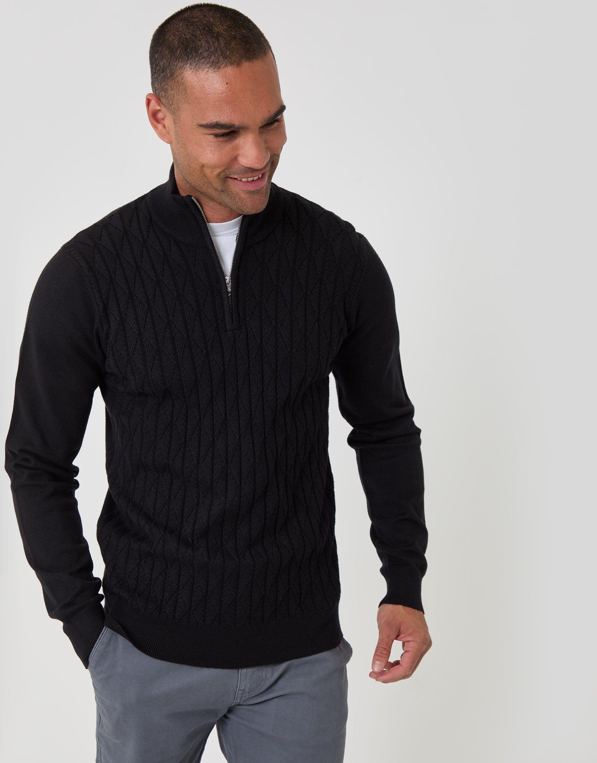 Diamond Cable Knit Quarter Zip Jumper by THREADBARE