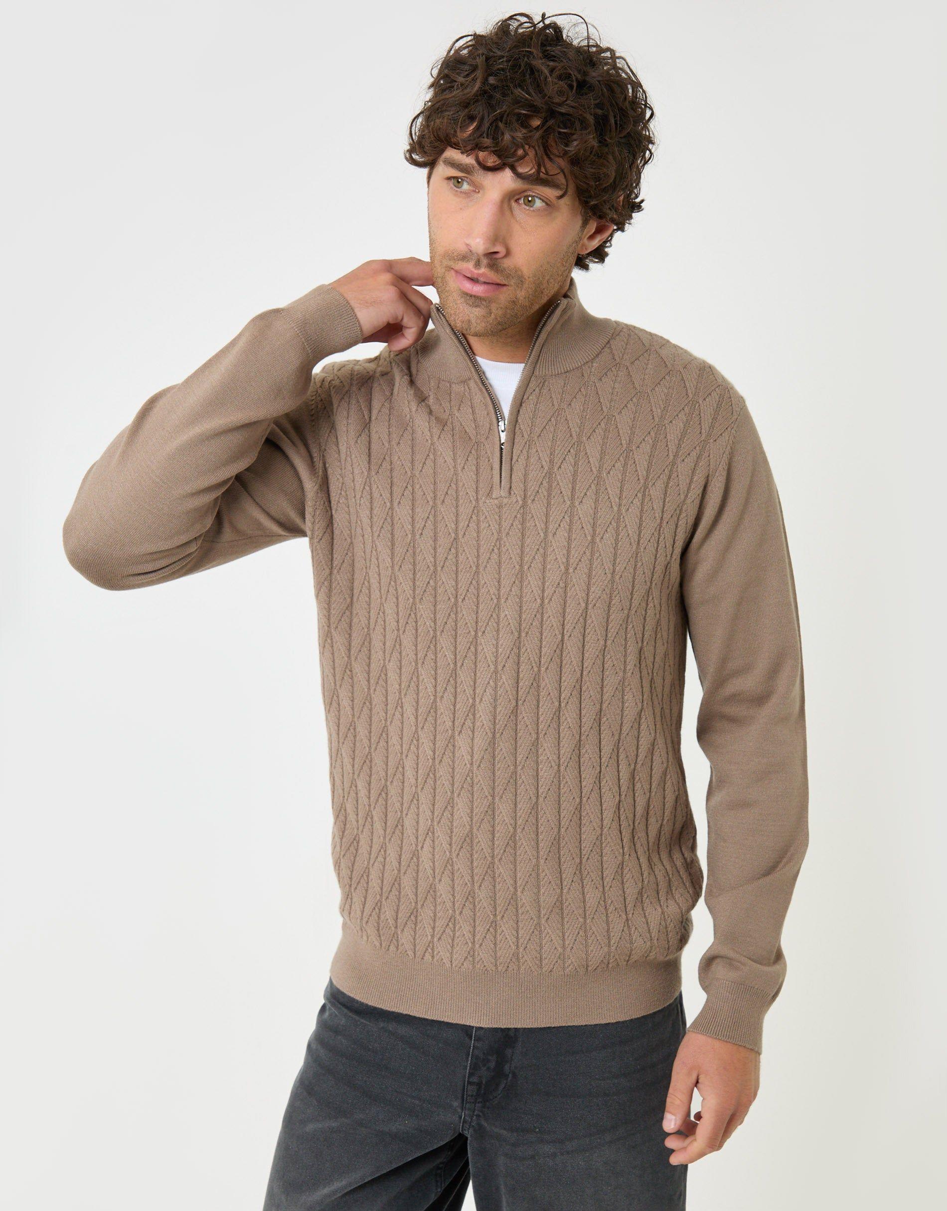 Diamond Cable Knit Quarter Zip Jumper by THREADBARE