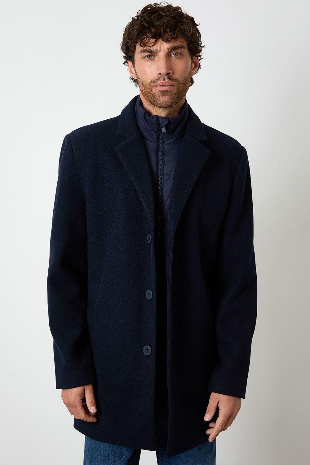 Faux Wool Mock Layer Longline Mac by THREADBARE