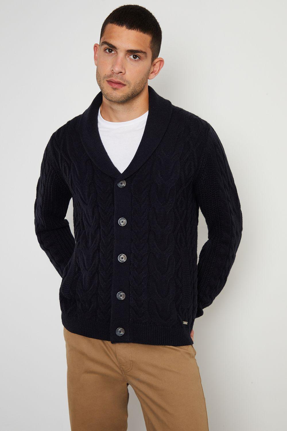 'Finchley' Cable Knit Shawl Collar Cardigan With Wool by THREADBARE