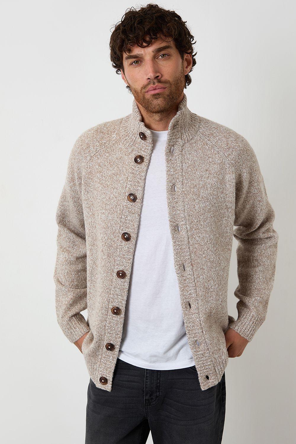 Funnel Neck Button Up Knitted Cardigan With Wool by THREADBARE Funnel Neck Button Up Knitted Cardigan With Wool by THREADBARE