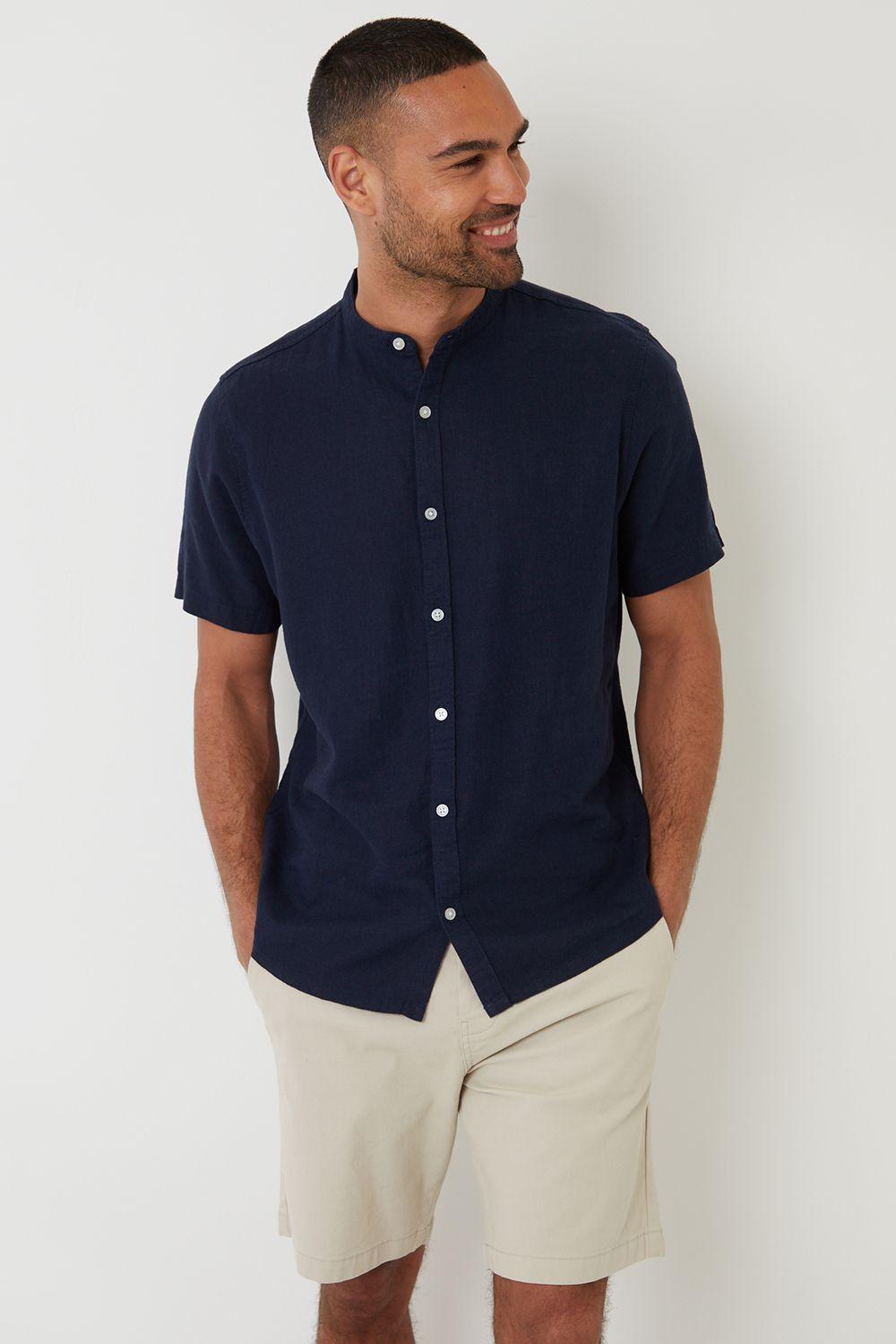 Grandad Collar Linen Blend Short Sleeve Shirt by THREADBARE