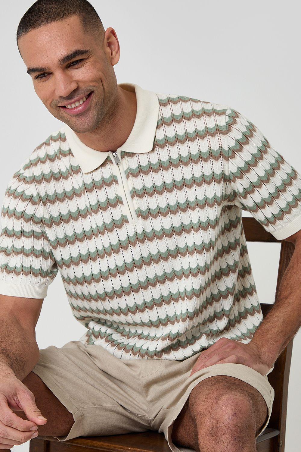 Herringbone Knitted Quarter Zip Polo by THREADBARE