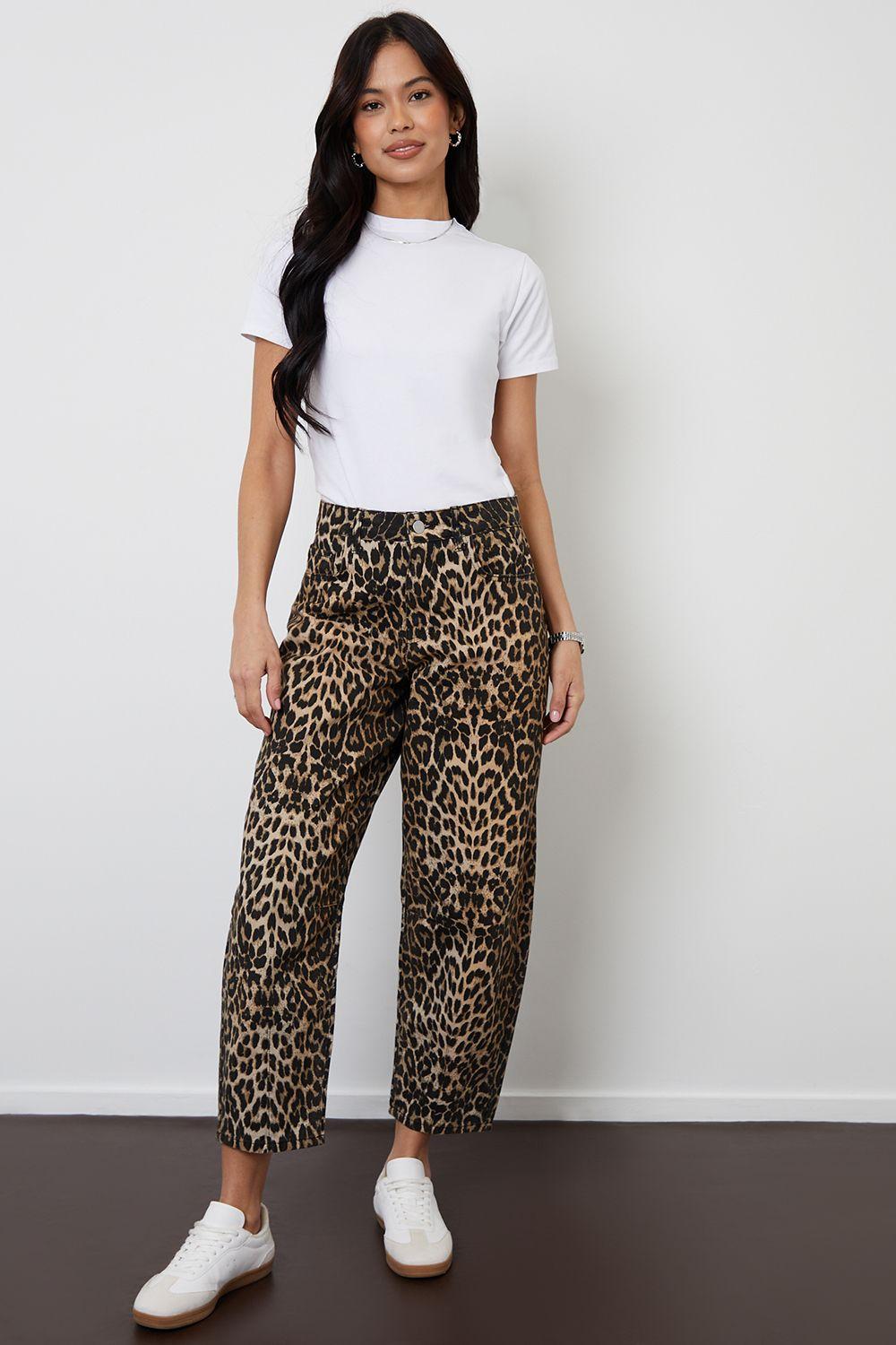 Leopard Print Barrel Leg Denim Jeans With Raw Hem by THREADBARE