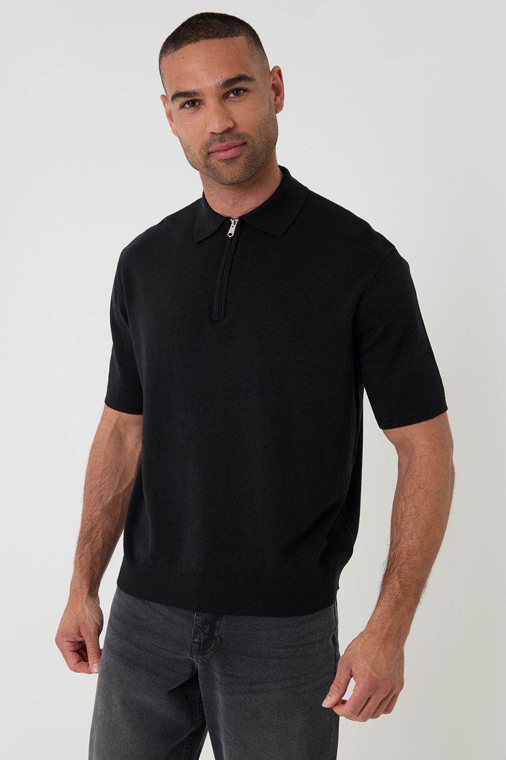 Relaxed Fit Knitted Quarter Zip Polo by THREADBARE