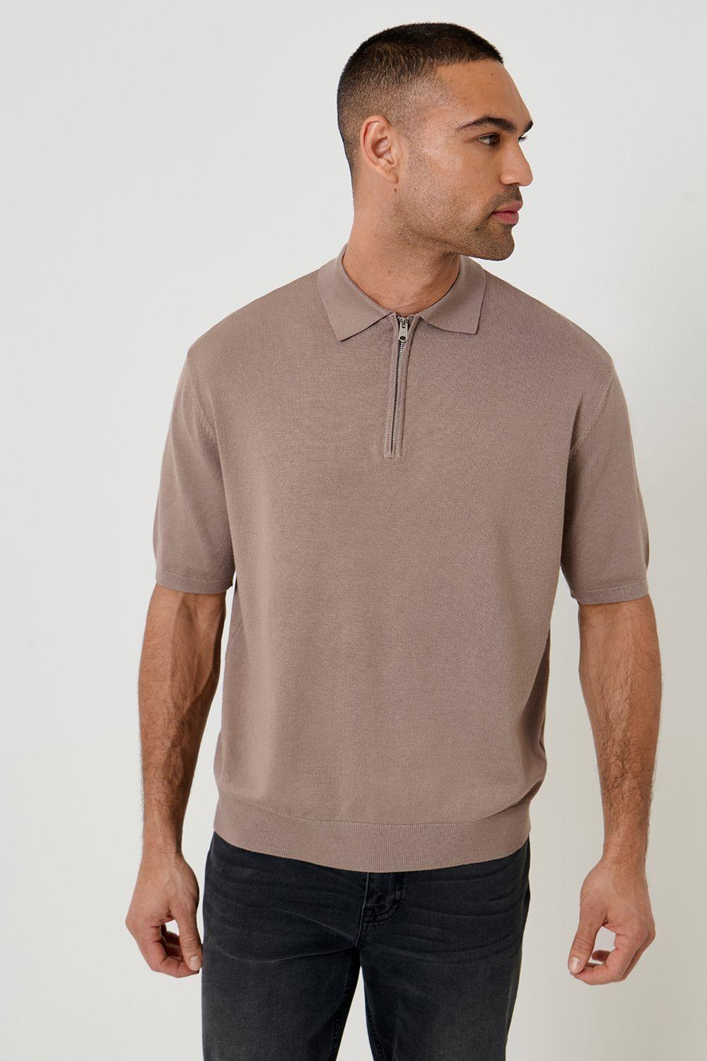 Relaxed Fit Knitted Quarter Zip Polo by THREADBARE