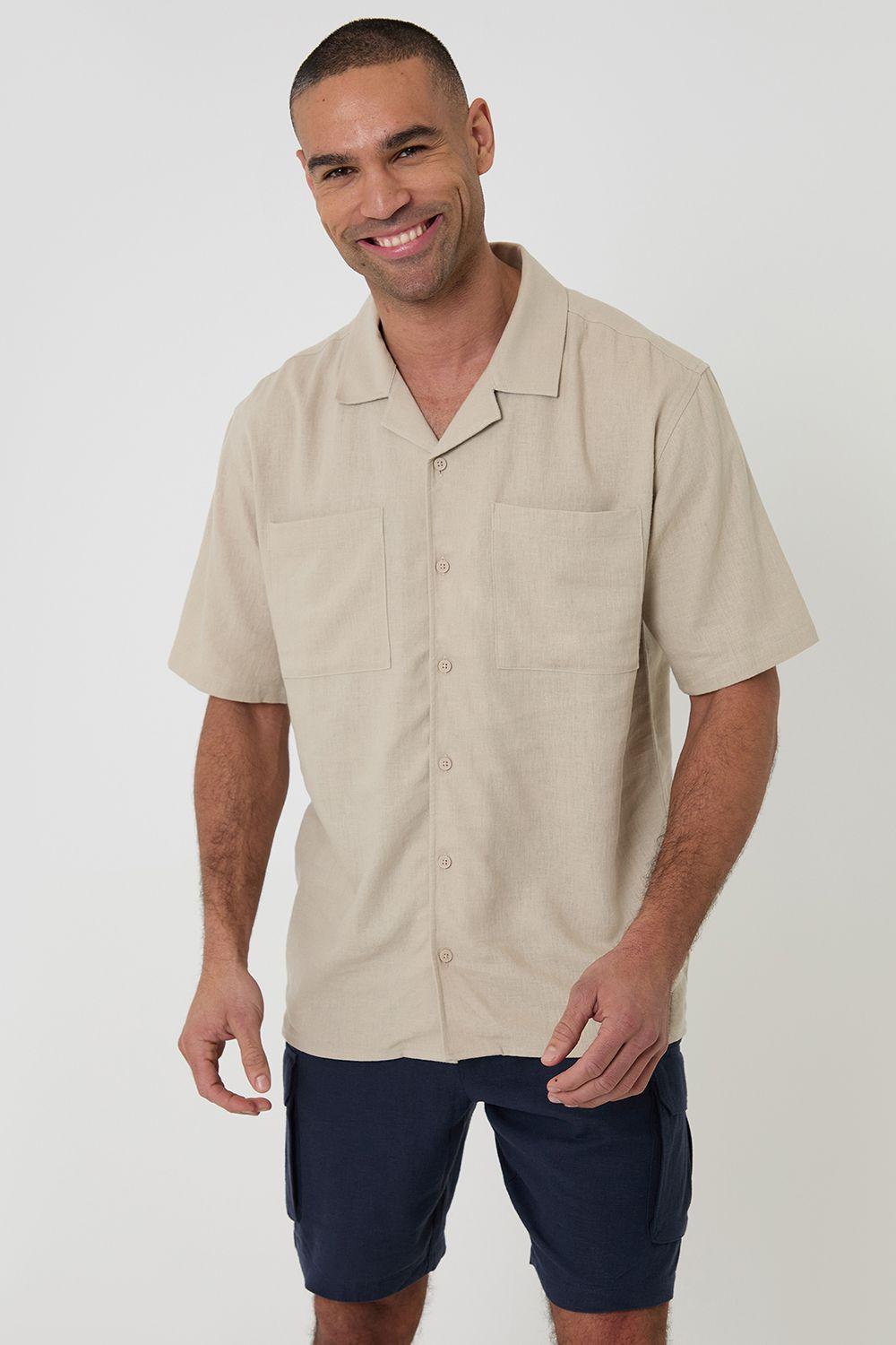 Relaxed Fit Linen Blend Short Sleeve Shirt by THREADBARE