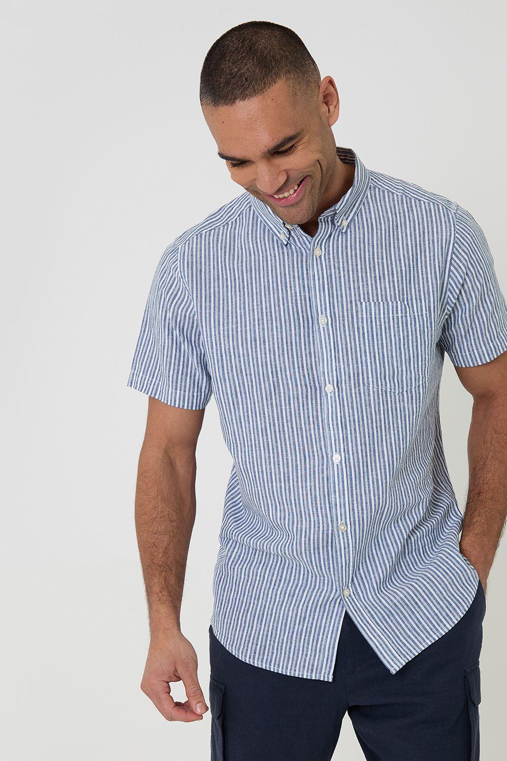 Stripe Linen Cotton Blend Short Sleeve Shirt by THREADBARE
