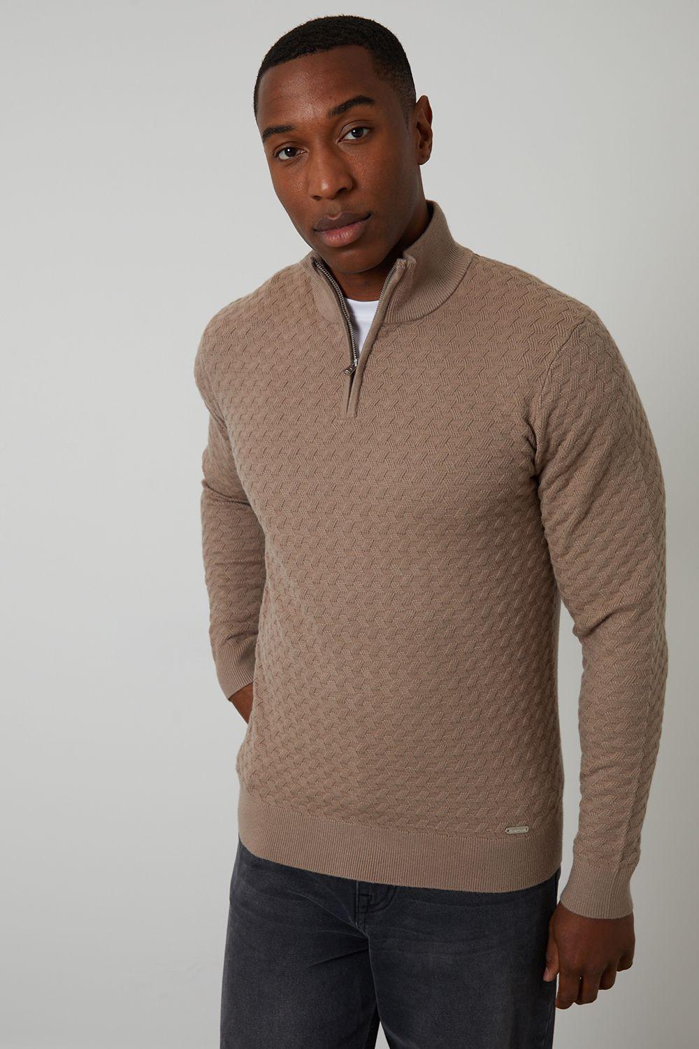 Textured Cable Knit Quarter Zip Jumper by THREADBARE