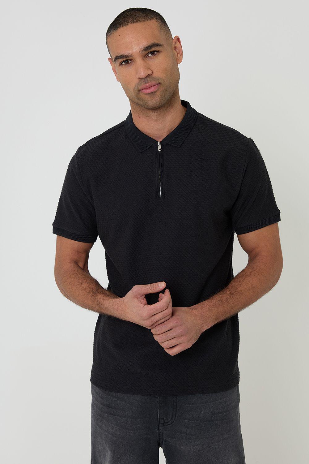 Textured Cotton Quarter Zip Polo Shirt by THREADBARE