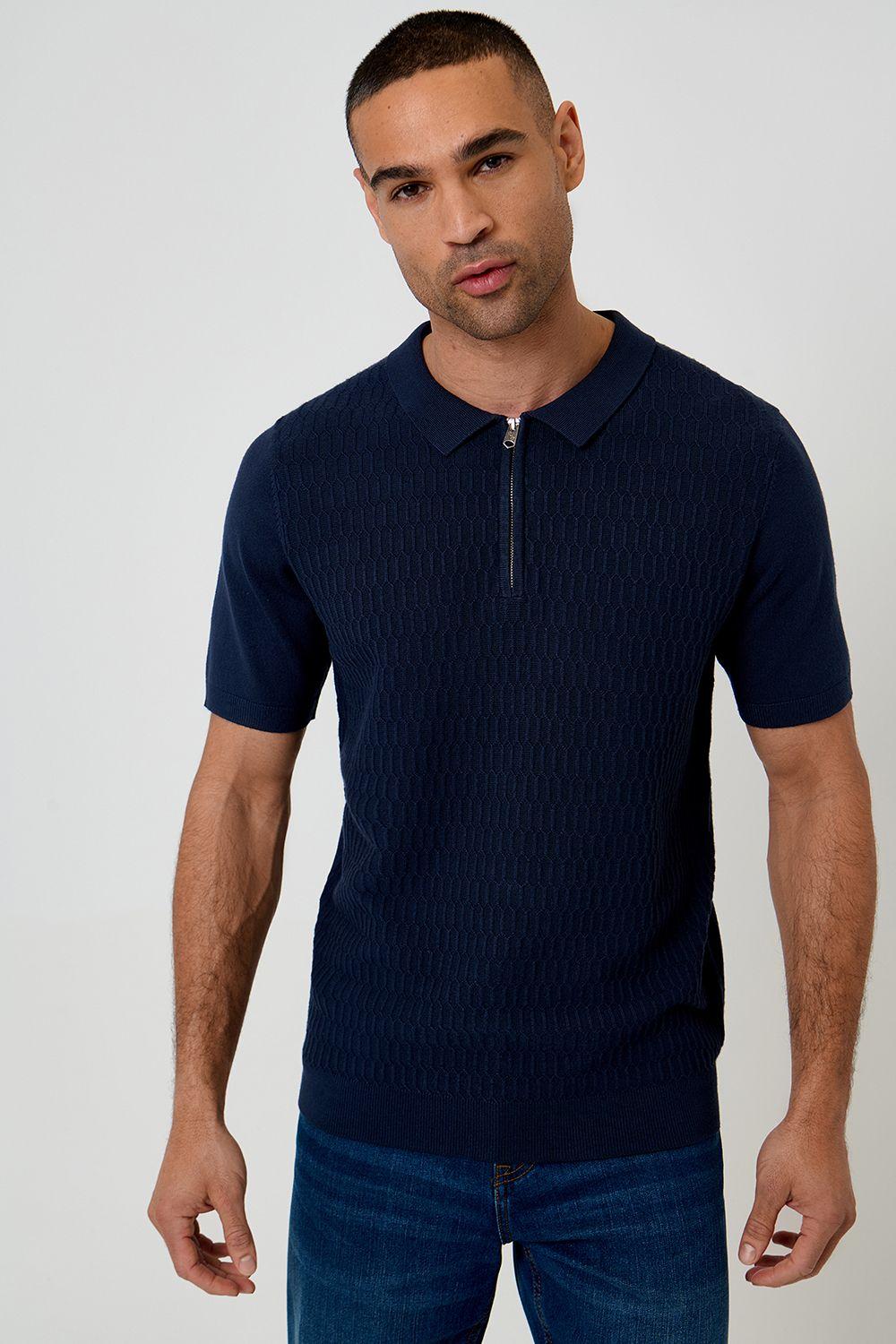 Textured Knit Quarter Zip Polo by THREADBARE