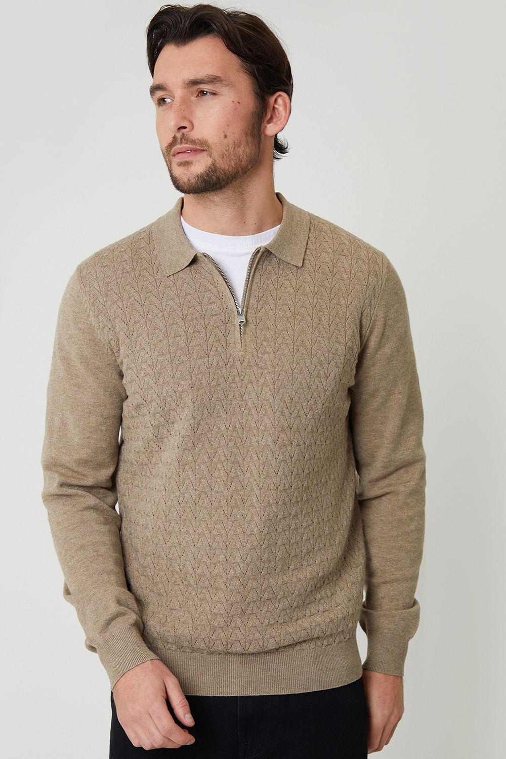 Textured Knit Quarter Zip Polo Jumper by THREADBARE