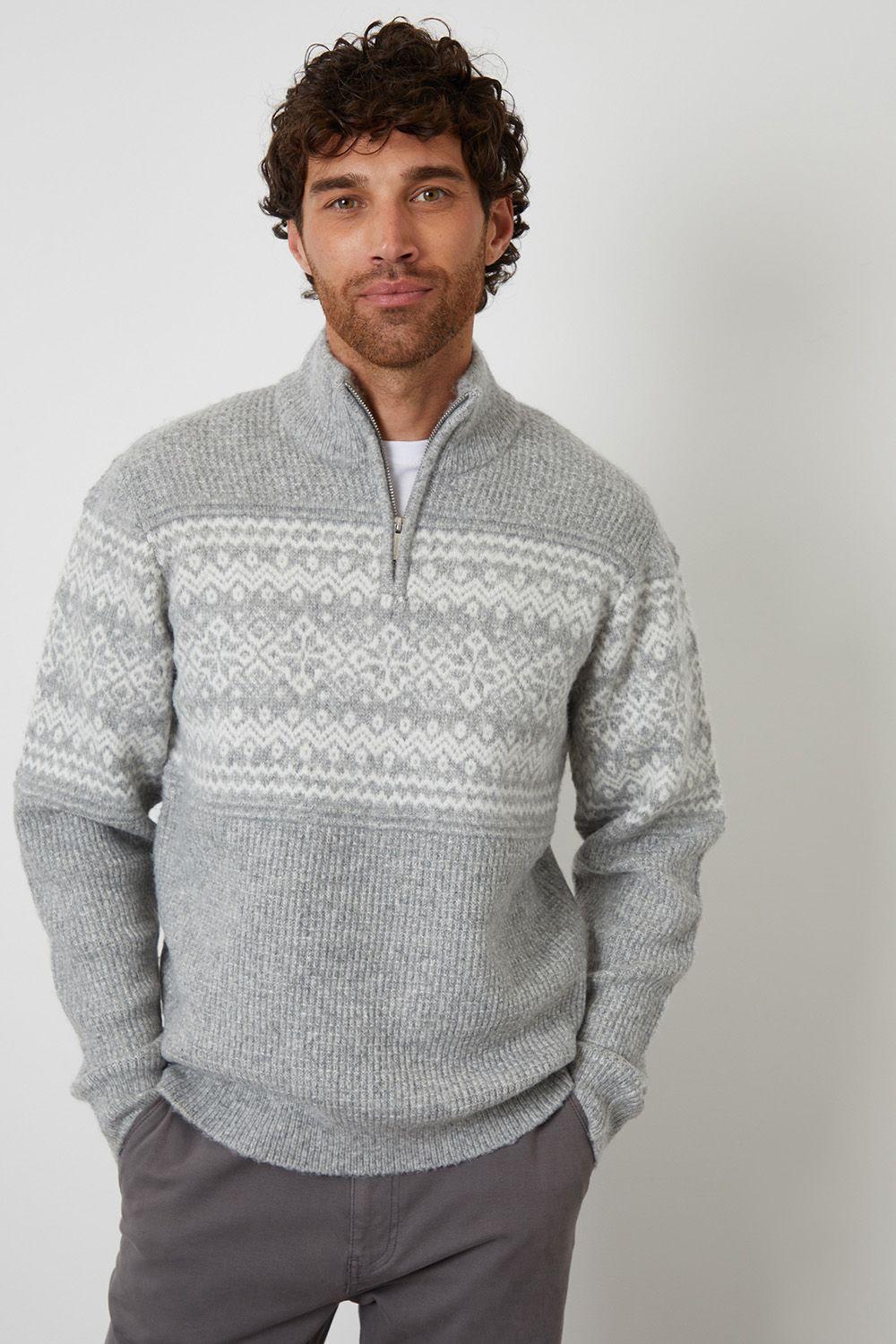 Textured Knitted Fairisle Quarter Zip Jumper by THREADBARE