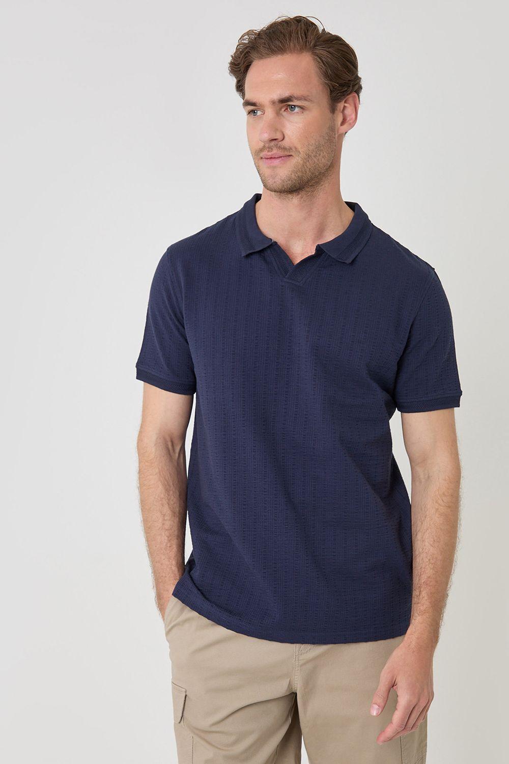 Trophy Neck Textured Stretch Cotton Polo Shirt by THREADBARE