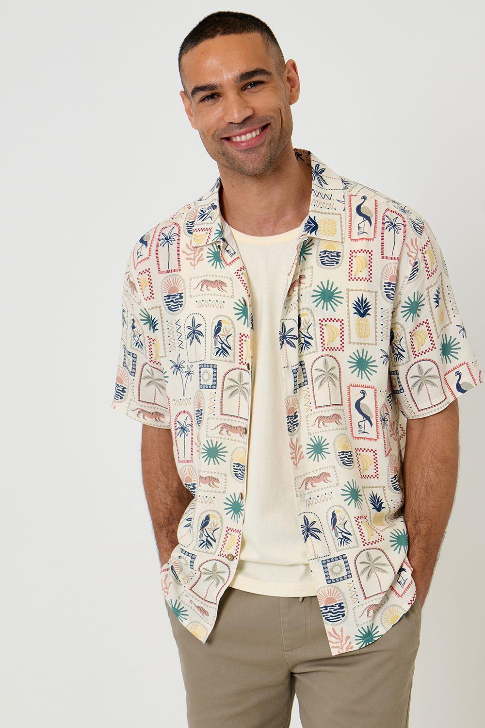 Tropical Stamp Print Relaxed Fit Short Sleeve Shirt by THREADBARE