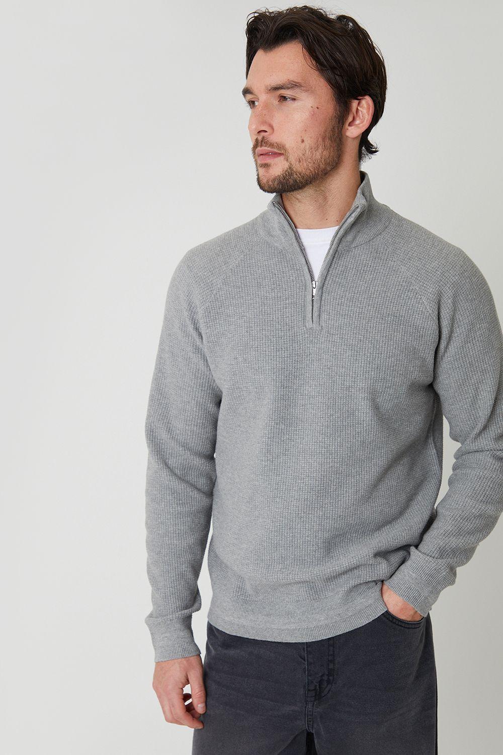 Waffle Knit Raglan Quarter Zip Jumper by THREADBARE