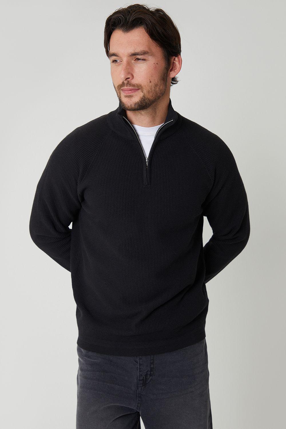 Waffle Knit Raglan Quarter Zip Jumper by THREADBARE