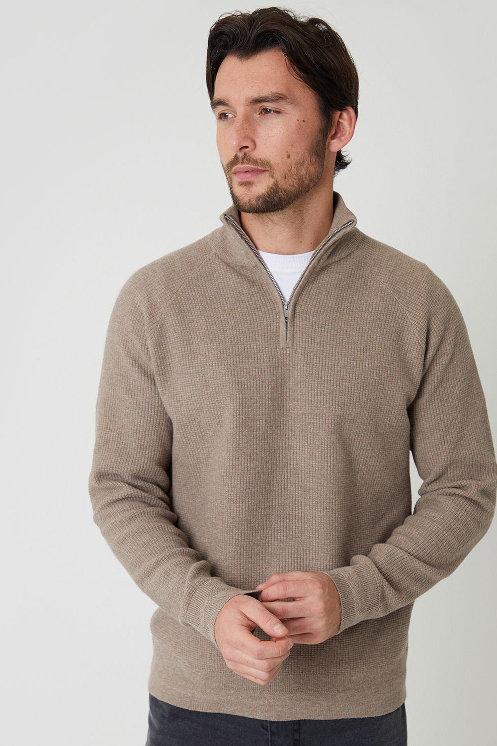 Waffle Knit Raglan Quarter Zip Jumper by THREADBARE