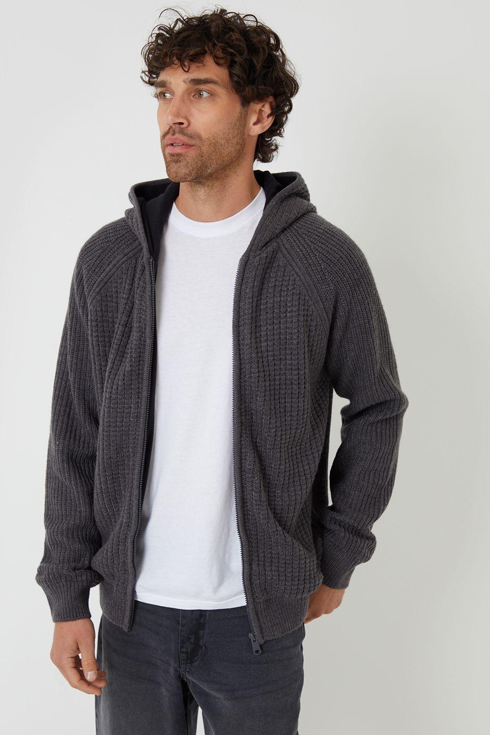 Zip-Up Knitted Hoodie with Microfleece Lining by THREADBARE