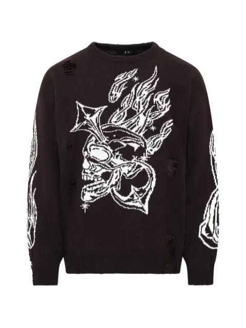 Chrome Skull distressed-knit sweater by THUG CLUB