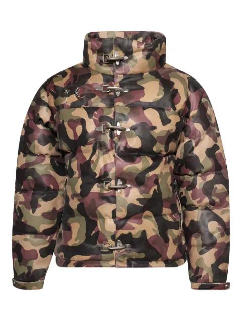 camouflage-pattern leather puffer jacket by THUG CLUB
