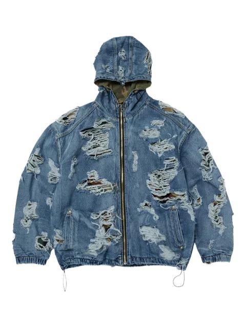 distressed zip-up hoodied jacket by THUG CLUB