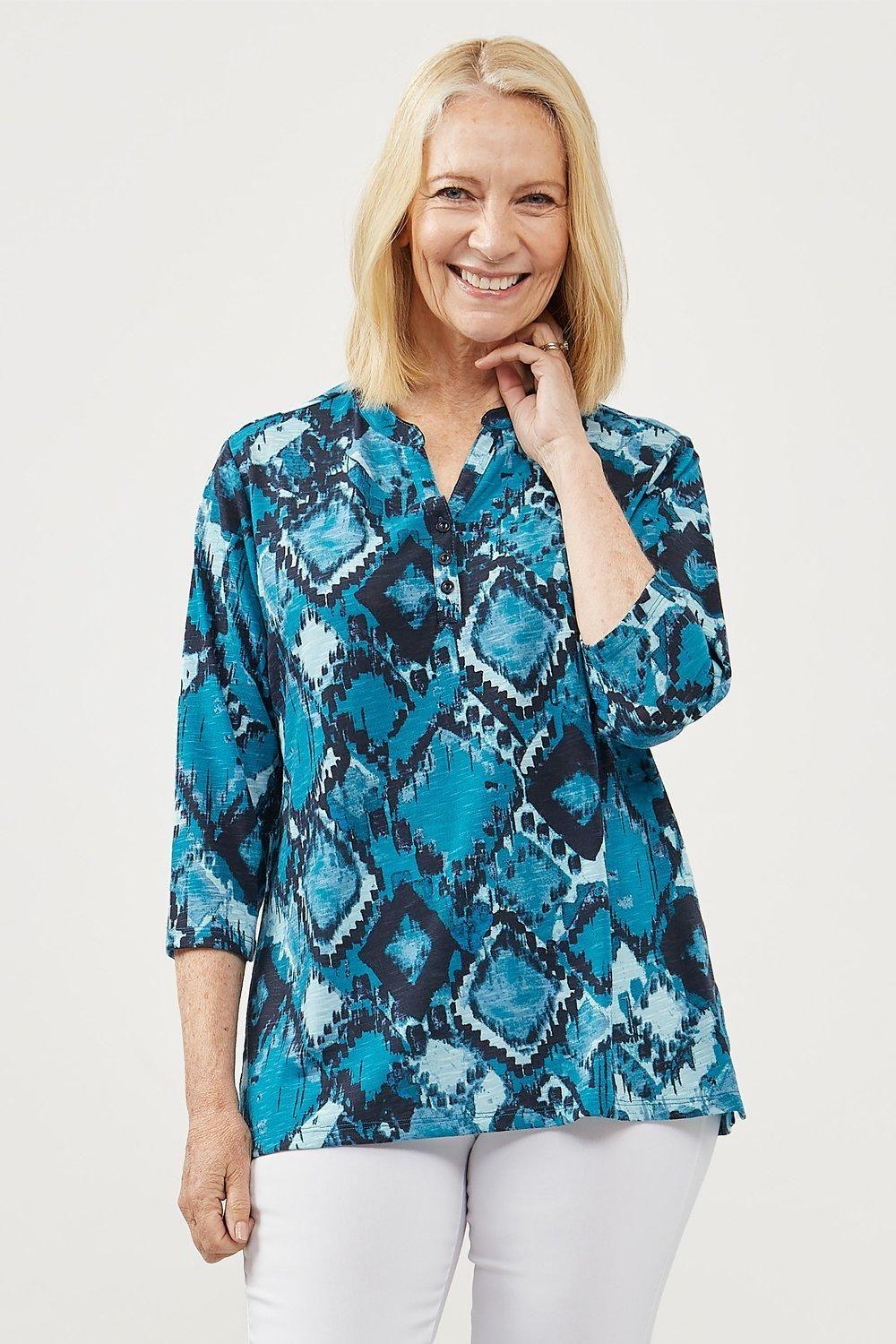 Turquoise Ikat Print Top by TIGI