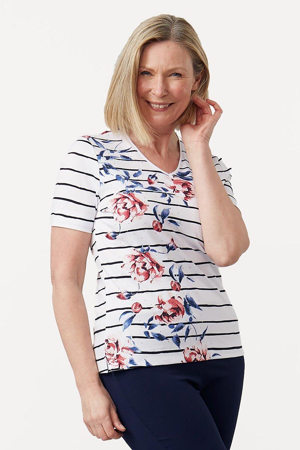 Vintage Floral Print Striped Soft V-Neck Top by TIGI