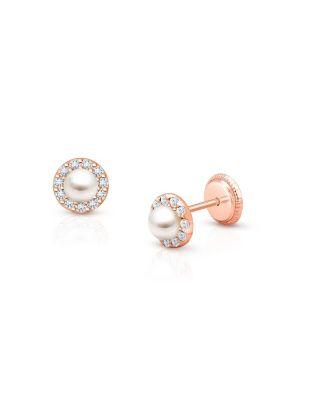 Girls' 14K Gold Cultured Pearl Halo Studs Screw Back Earrings - Baby by TINY BLESSINGS