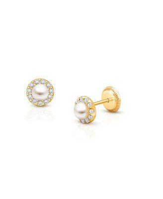 Girls' 14K Gold Cultured Pearl Halo Studs Screw Back Earrings - Baby by TINY BLESSINGS