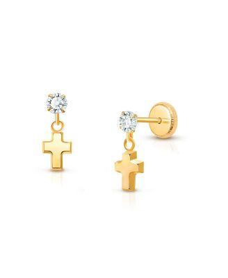 Girls' 14K Gold Dangling Simple Cross Earrings - Baby by TINY BLESSINGS