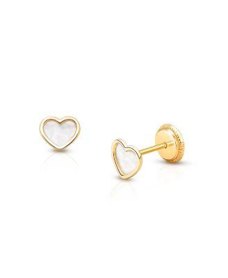 Girls' 14K Gold Genuine Love Mother of Pearl Heart Stud Earrings by TINY BLESSINGS